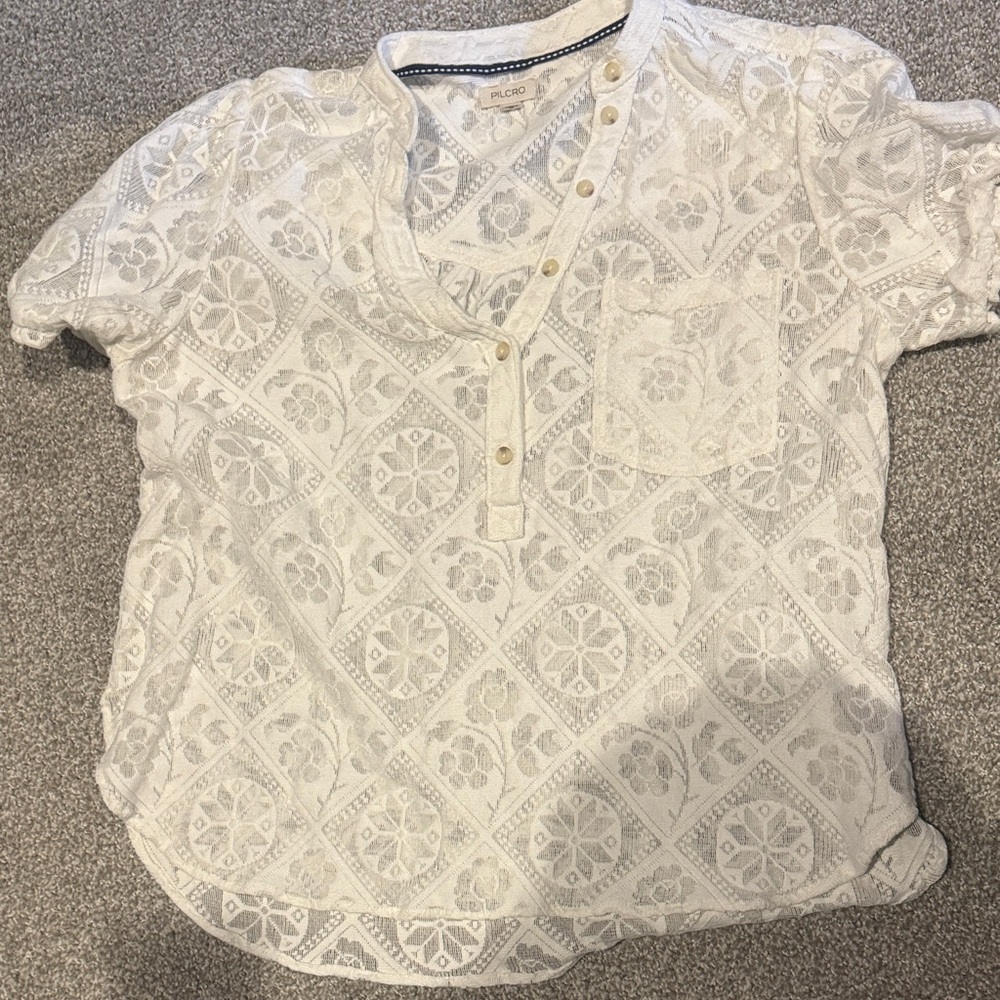 Pilcro White Floral Lace Short Sleeve Top